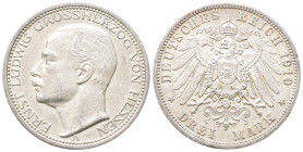 Kaiserreich, Hessen, Ernst Ludwig 1892-1918, 3 Mark 1910. J. 76. Winz. Randfehler, vorzüglich