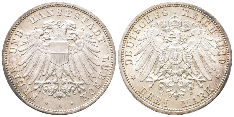 Kaiserreich, Lübeck, Stadt, 3 Mark 1910. J. 82. Vorzüglich +