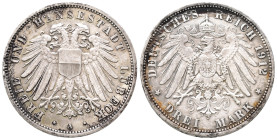 Kaiserreich, Lübeck, Stadt, 3 Mark 1912. J. 82. Vorzüglich
