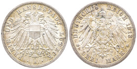 Kaiserreich, Lübeck, Stadt, 3 Mark 1913. J. 82. Vorzüglich