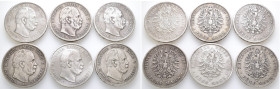 Kaiserreich, Preussen, Wilhelm I. 1861-1888, 5 Mark 1874 A; 1875 A, B; 1876 A, B, C. J. 97. Komplette Serie. 6 Stück. Sehr schön