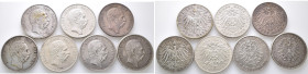 Kaiserreich, Sachsen, Albert 1873-1902, 5 Mark 1875, 1876, 1891, 1895, 1900, 1901, 1902. J. 122, 125. 7 Stück. Henkelspur (1x), meist sehr schön