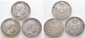 Kaiserreich, Sachsen, Albert 1873-1902, 2 Mark 1900, 1901 und 1902. J. 124, 127. 3 Stück. Sehr schön-vorzüglich