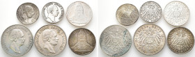 Kaiserreich, Sachsen, Friedrich August III. 1904-1918, 2 Mark 1906, 1914; 3 Mark 1913 (2x); 5 Mark 1907, 1914 J. 134, 136, 140. 6 Stück. Min. Belag (1...