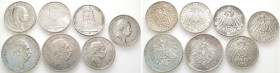 Kaiserreich, Sachsen, 3 Mark 1909 (3x), 1913 (2x) und 5 Mark 1875, 1902. J. 122, 125, 135, 140. Insgesamt 7 Stück. Gereinigt (1x), winz. Randfehler (2...