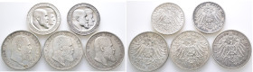 Kaiserreich, Württemberg, Wilhelm II. 1891-1918, 5 Mark 1899, 1907, 1913; 3 Mark 1911 (2x). J. 176, 177 a. 5 Stück. Sehr schön-vorzüglich