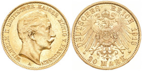 Kaiserreich, Preussen, Wilhelm II. 1888-1915, 20 Mark 1913 A. J. 252. Winz. Randfehler, sehr schön-vorzüglich