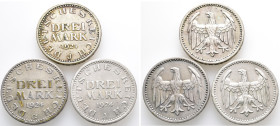 Weimarer Republik, 3 Reichsmark 1924 A, G, J. 312. 3 Stück. Sehr schön