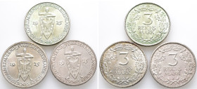Weimarer Republik, 3 Reichsmark 1925 A, D, J. Rheinlande. J. 321. 3 Stück. Sehr schön-vorzüglich und Vorzüglich