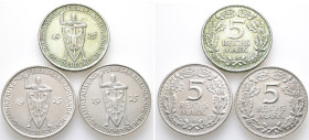 Weimarer Republik, 5 Reichsmark 1925 A, A, D. Rheinlande. J. 322. 3 Stück. Sehr schön-vorzüglich