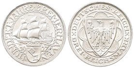 Weimarer Republik, 3 Reichsmark 1927 A. Bremerhaven. J. 325. Winz. Randfehler, vorzüglich
