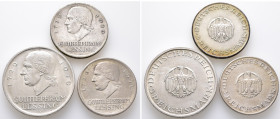 Weimarer Republik, 2x 3 und 5 Reichsmark 1929 A. Lessing. J. 335, 336. 3 Stück. Sehr schön-vorzüglich