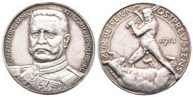 1. Weltkrieg, Silbermedaille 1914, von A. Lauer, auf die Befreiung Ostpreußens. Mit Randpunze: SILBER 990. 34 mm; 17,71 g. Kl. Randfehler, sehr schön-...