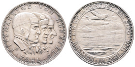 Luftfahrt, Silbermedaille 1928, von O. Glöckler, auf den Atlantikflug der Bremen. 36 mm; 24,93 g. Vorzüglich-Stempelglanz