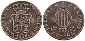 ISABEL II (1833-1868). 3 Cuartos. (Ae. 7,03g/26mm). 1836. (Cal-2019-1). CATHAL/III QUAR en reverso. MBC-. Restos de dos puntos de engarce en anverso. ...