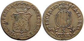 ISABEL II (1833-1868). 3 Cuartos. (Ae. 7,12g/26mm). 1836. Barcelona. (Cal-2019-4). MBC.