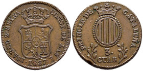 ISABEL II (1833-1868). 3 Cuartos. (Ae. 7,81g/26mm). 1837. Barcelona. (Cal-2019-5). MBC+. Golpe en canto.