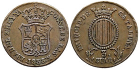 ISABEL II (1833-1868). 3 Cuartos. (Ae. 6,85g/26mm). 1838. Barcelona. (Cal-2019-6). MBC+.