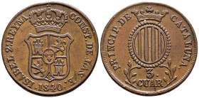 ISABEL II (1833-1868). 3 Cuartos. (Ae. 6,99g/26mm). 1840. Barcelona. (Cal-2019-8). MBC+.