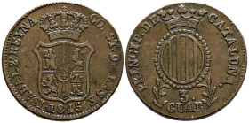 ISABEL II (1833-1868). 3 Cuartos. (Ae. 7,15g/26mm). 1845. Barcelona. (Cal-2019-12). MBC.