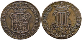 ISABEL II (1833-1868). 6 Cuartos. (Ae. 14,02g/33mm). 1837. Barcelona. (Cal-2019-17). MBC.