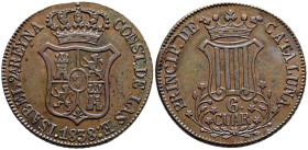 ISABEL II (1833-1868). 6 Cuartos. (Ae. 15,31g/33mm). 1838. Barcelona. (Cal-2019-18). MBC+.