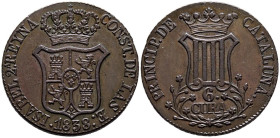 ISABEL II (1833-1868). 6 Cuartos. (Ae. 13,64g/33mm). 1838. Barcelona. (Cal-2019-19). Error en valor: 6 CURA. EBC-. Mínimas impurezas sin importancia, ...