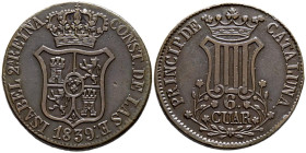 ISABEL II (1833-1868). 6 Cuartos. (Ae. 13,52g/33mm). 1839. Barcelona. (Cal-2019-20). MBC+.