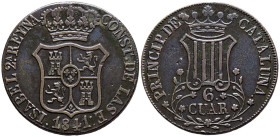ISABEL II (1833-1868). 6 Cuartos. (Ae. 12,79g/33mm). 1841. Barcelona. (Cal-2019-22). MBC+.