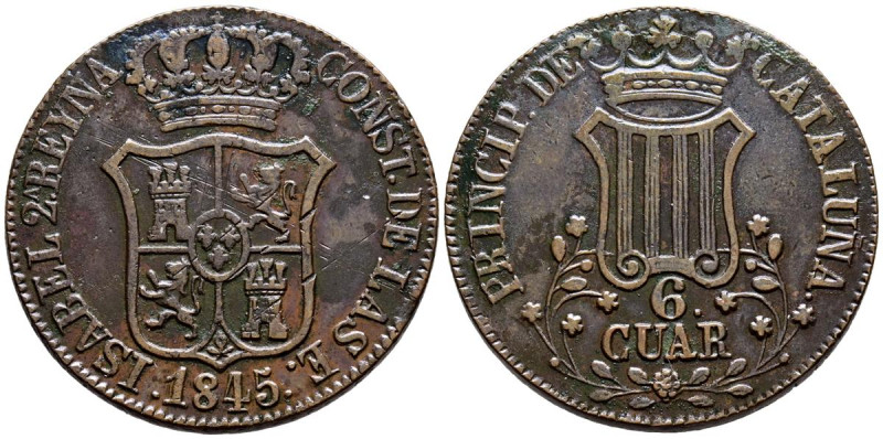 ISABEL II (1833-1868). 6 Cuartos. (Ae. 13,19g/33mm). 1845. Barcelona. (Cal-2019-...