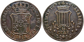 ISABEL II (1833-1868). 6 Cuartos. (Ae. 13,19g/33mm). 1845. Barcelona. (Cal-2019-28). MBC.