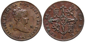 ISABEL II (1833-1868). 2 Maravedís. (Ae. 2,33g/19mm). 1858. Barcelona. (Cal-2019-37). Único año de acuñación de este módulo en Barcelona. EBC-. Puntos...