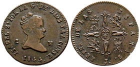 ISABEL II (1833-1868). 2 Maravedís. (Ae. 2,57g/19mm). 1844. Jubia Jª. (Cal-2019-45). MBC+/EBC-. Escasa.
