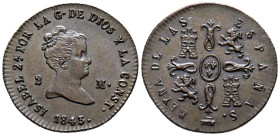 ISABEL II (1833-1868). 2 Maravedís. (Ae. 2,37g/19mm). 1843. Segovia. (Cal-2019-55). EBC+. Preciosa pátina.