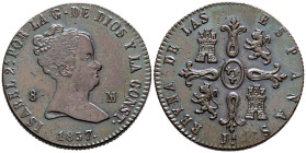 ISABEL II (1833-1868). 8 Maravedís. (Ae. 10,30g/29mm). 1837. Jubia. (Cal-2019-104). EBC-. Rayita en anverso. Preciosa pátina.