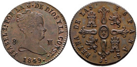 ISABEL II (1833-1868). 8 Maravedís. (Ae. 10,47g/29mm). 1849. Jubia. (Cal-2019-116). EBC+. Acuñación algo floja en busto. Excelente ejemplar.