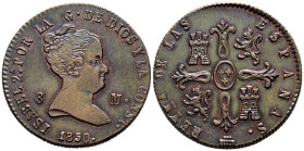 ISABEL II (1833-1868). 8 Maravedís. (Ae. 11,01g/29mm). 1850. Segovia. (Cal-2019-137). EBC+. Preciosa pátina. Excelente ejemplar.