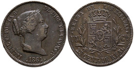 ISABEL II (1833-1868). 25 Céntimos de Real. (Ae. 9,35g/20mm). 1864. Bacelona. (Cal-2019-182). MBC/MBC+.
