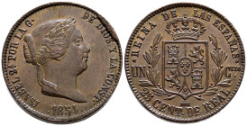 ISABEL II (1833-1868). 25 Céntimos de Real. (Ae. 9,59g/27mm). 1854. Segovia. (Cal-2019-187). EBC/EBC+. Exceso de metal en anverso.