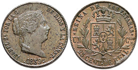 ISABEL II (1833-1868). 25 Céntimos de Real. (Ae. 9,49g/27mm). 1859. Segovia. (Cal-2019-192). EBC+. Impurezas y rotura de cuño en reverso.