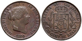 ISABEL II (1833-1868). 25 Céntimos de Real. (Ae. 8,60g/27mm). 1860. Segovia. (Cal-2019-193). MBC+.