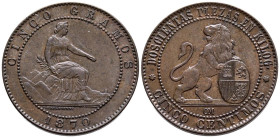 GOBIERNO PROVISIONAL (1868-1871). 5 Céntimos. (Ae. 5,07g/25mm). 1870. Barcelona. (Cal-2019-5). EBC+.