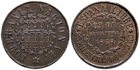 GOBIERNO PROVISIONAL (1868-1871). 25 Milésimas de Escudo. (Ae. 6,46g/25mm). 1868. Segovia. (Cal-2019-10). EBC. Algún ligero golpecito en listel. Escas...