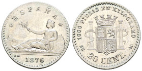 GOBIERNO PROVISIONAL (1868-1871). 20 Céntimos (Ar. 1,00g/16mm). 1870 *7-0. Madrid SNM. (Cal-2019-12). EBC+. Leves rayitas. Muy escaso ejemplar y más e...