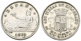 GOBIERNO PROVISIONAL (1868-1871). 50 Céntimos. (Ar. 2,55g/16mm). 1869 *6-9. Madrid SNM. (Cal-2019-13). MBC+. Estrellas perfectas. Bonito ejemplar.