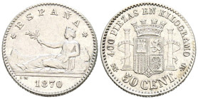 GOBIERNO PROVISIONAL (1868-1871). 50 Céntimos. (Ar. 2,48g/16mm). 1870 *7-0. Madrid SNM. (Cal-2019-15). MBC+. Estrellas visibles. Leves rayitas.