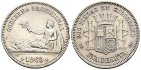 GOBIERNO PROVISIONAL (1868-1871). 1 Peseta. (Ar. 4,95g/23mm). 1869. Madrid SNM. (Cal-2019-16). Leyenda: Gobierno Provisional. EBC-. Bonito ejemplar.