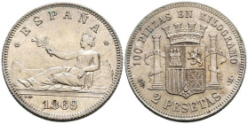 GOBIERNO PROVISIONAL (1868-1871). 2 Pesetas. (Ar. 9,97g/27mm). 1869 *18-69. Madrid SNM. (Cal-2019-22). EBC+. Restos de brillo original. Excelente ejem...