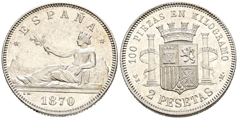 GOBIERNO PROVISIONAL (1868-1871). 2 Pesetas. (Ar. 9,97g/28mm). 1870 *18-74. Madr...