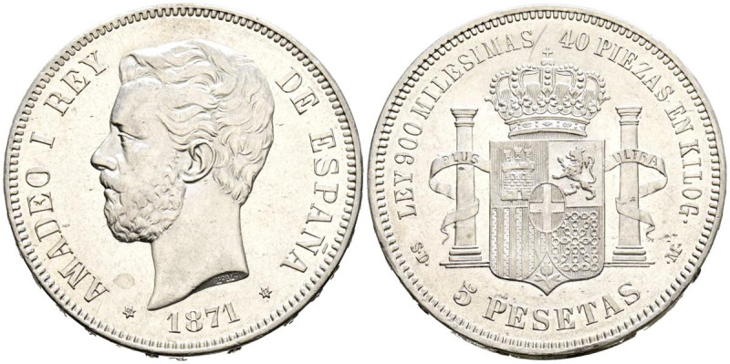 AMADEO I (1871-1873). 5 Pesetas. (Ar. 24,95g/37mm). 1871 *18-71. Madrid SDM. (Ca...